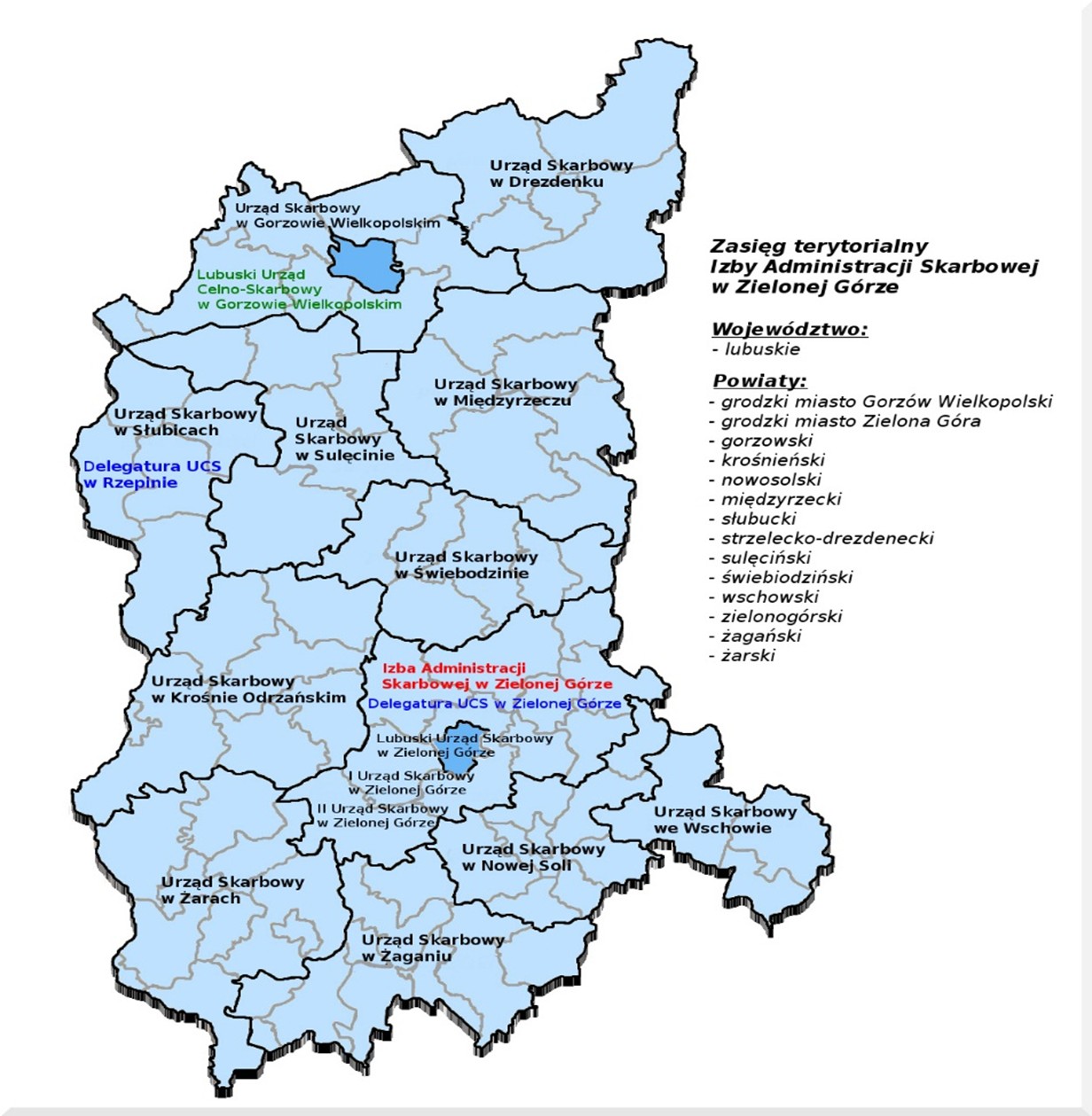 Mapa zasięgu Izby Administracji Skarbowej w Zielonej Górze. Po lewej stronie grafika ilustracyjna woj. lubuskiego z zaznaczonym jednostkami lubuskiej KAS, po prawej stronie wymienione powiaty woj. lubuskiego.