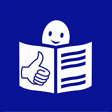 Symbol informacji o tekście łatwym do czytania i zrozumienia - niebieskie tło, na tle książki ręka z kciukiem podniesionym do góry