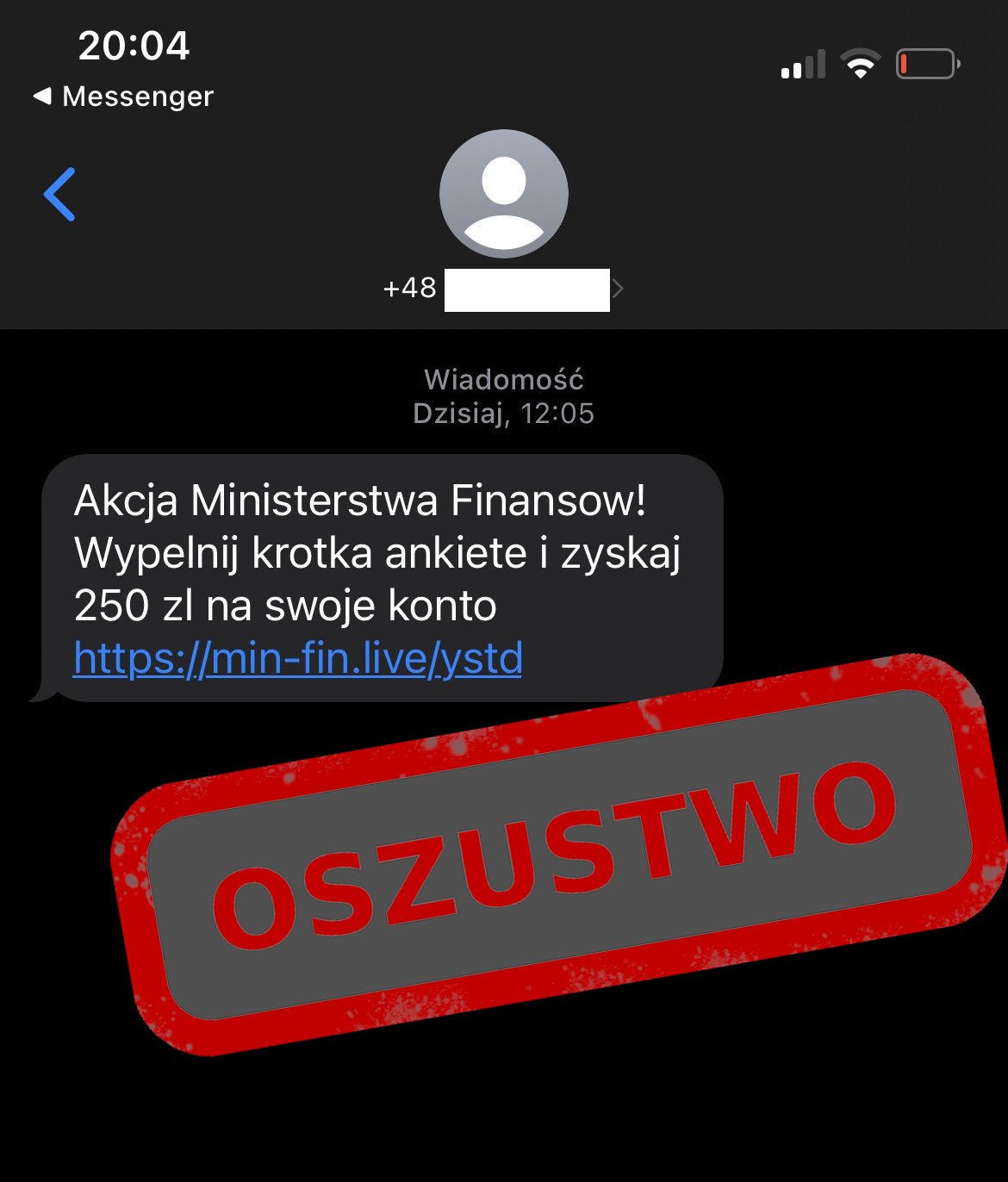 Tekst:akcja Ministra Finansów! Wyepłnij krotka ankiete i zyskaj 250 zł na swoje konto - przekierownie do fałszyfego linku