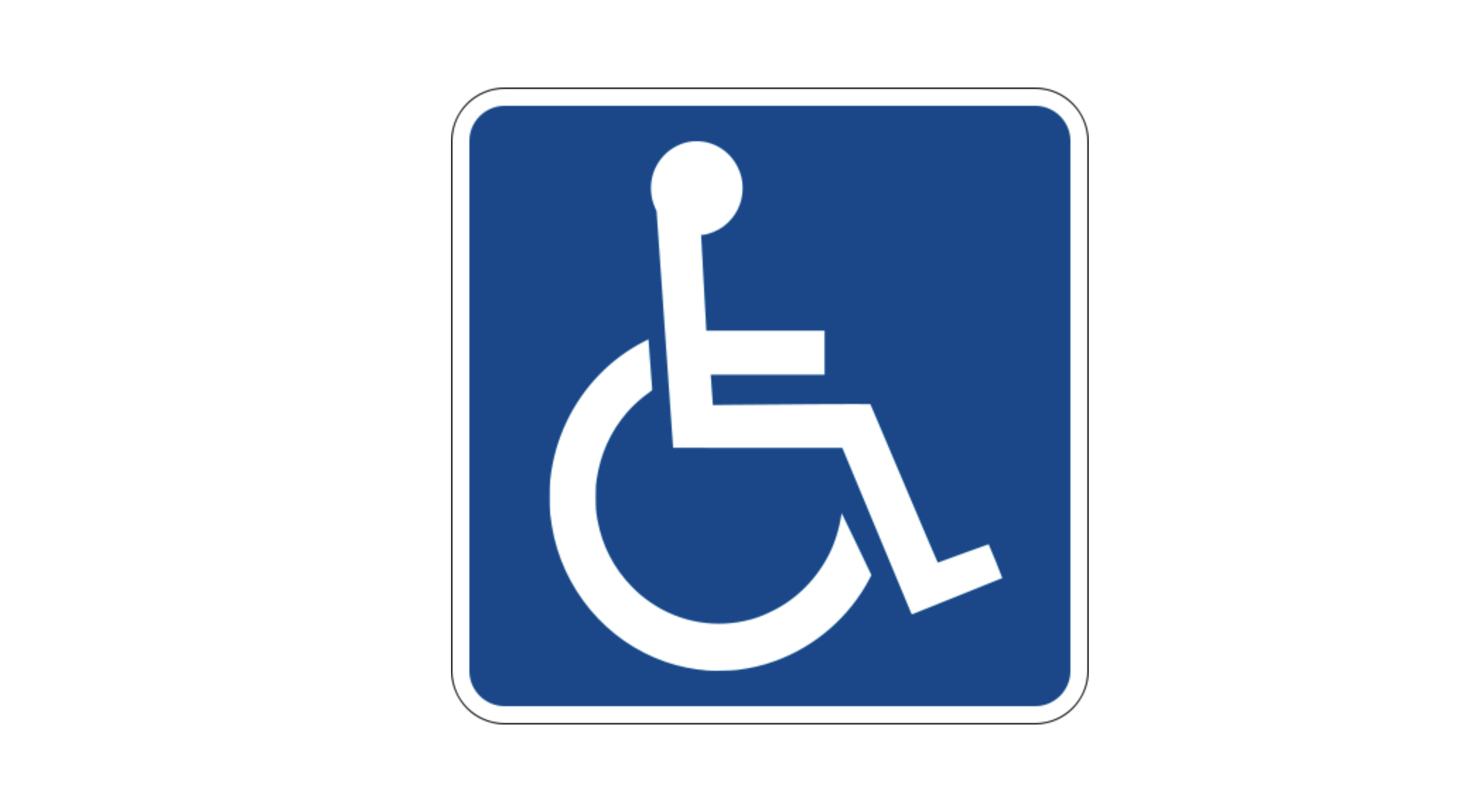 Na niebieskim tle biały symbol niepełnosprawności w postaci mężczyzny na wózku