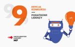 Na zdjęciu filetowy robot i pomarańczowy napis 9 edycja konkursu podatkowi liderzy