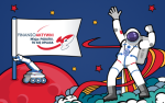 Kosmonauta w kosmosie z uniesionymi rękoma i napis na białej fladze: Finansoaktywni Misja: Podatki. To się opłaca.