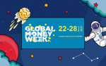 Na kolorowym tle kosmosu jest astronauta i napis Global Money Week 22 - 28 marzec 2021 r.