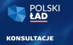 Na niebieskim tle biały napis: Polski Ład. Konsultacje