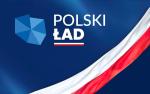 Na niebieskim tle biało-czerwona flaga i napis Polski Ład