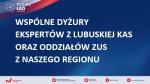na niebieskim tle biały napis: wspólne dyżury ekspertów z lubuskiej KAS oraz oddziałów ZUS z naszego regionu