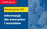 napisy:podatki.gov.pl, rozliczenie PIT, informacja dla emerytów i rencistów. Grafika przytulona para seniorów z laptopem