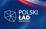 Logo Polskiego Ładu - niebieski kontur Polski i napis Polski Ład.