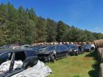 na trawie koło lasu kilkadziesiąt zaparkowanych samochodów, przeznaczonych do demontażu na części