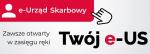 na białym i czerwonym tle napisy: e urząd skarbowy, twój e us, zawsze otwarty w zasięgu ręki.
