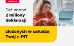 Grafika: uśmiechnięta pani z telefonem w ręce i obok napisy: podatki.gov.pl już ponad 2 mln deklaracji złożonych w usłudze e-PIT