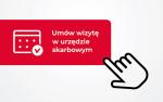 na czerwonym tle biały napis: umów wizytę w urzędzie skarbowym