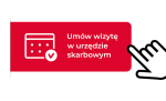 na czerwonym tle biały napis: umów wizytę w urzędzie skarbowym