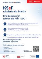 napis: ksef szkolenia dla branży. Cykl bezpłatnych szkoleń dla MŚP i JDG oraz Usługi transportowe przewozu osób 4.03.2026 stacjonarne 12.00-14.00 i Usługi gastronomiczne 6.03.2026 stacjonarne 10.00-12.00. Oraz adres urzędu: ul. Skarbowa 26 68-100 Żagań
